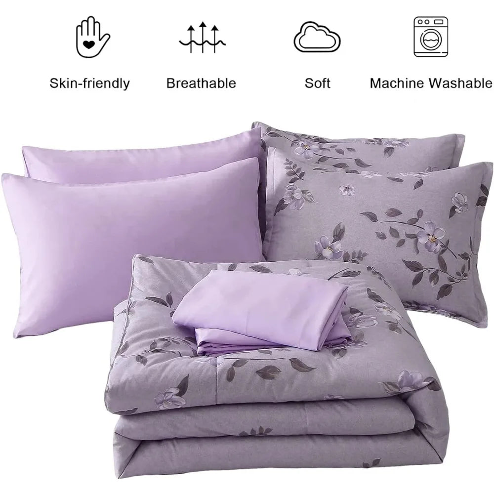 Purple, 7-Pieces Bed in A Bag, Soft Microfiber Comforter Sets, Queen