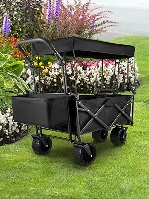 Extra-Large, Collapsible, Garden-Cart W/ Removable-Canopy, Folding, Wagon-Utility-Cart W/ Wheels & Rear-Storage,