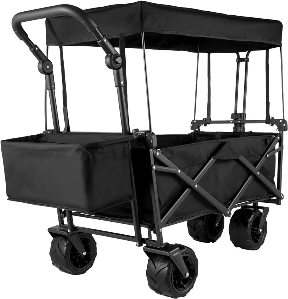 Extra-Large, Collapsible, Garden-Cart W/ Removable-Canopy, Folding, Wagon-Utility-Cart W/ Wheels & Rear-Storage,