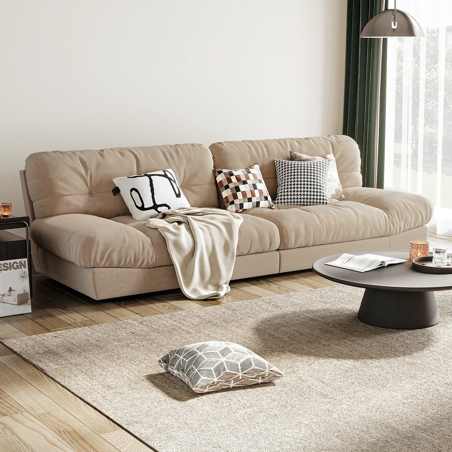 Modular-Cloud, Velvet-Sofa-Couch, W/Soft-Padding Material, 3-Seater Modern-Sofa for Living-Room