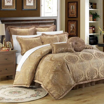 Gold King Comforter Set & Pillows Ensemble, Quality Jacquard Motif Fabric