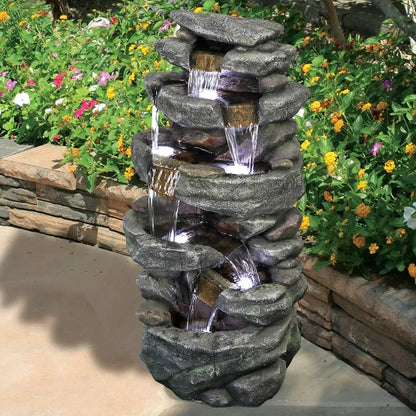 6-Tiers Outdoor, Rock, Cascading Waterfall Fountain with LED Lights, Soothing Tranquility