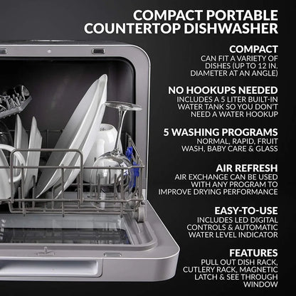 Portable Countertop Dishwasher, Built-in Water Tank, 5-Program System