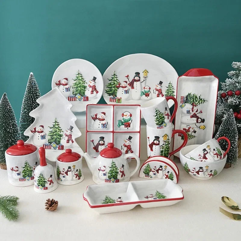 Christmas Snowman Plate & Various Serving Dishes/Teapot Set