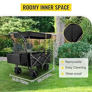 Extra-Large, Collapsible, Garden-Cart W/ Removable-Canopy, Folding, Wagon-Utility-Cart W/ Wheels & Rear-Storage,