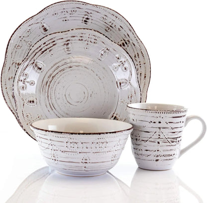 Rustic Birch 16 Piece Embossed Scalloped Stoneware Dinnerware Set