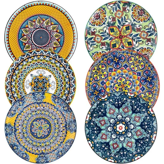 Ceramic-Porcelain, 6-Dinnerware-Sets, Multicolor-Large Plates, Bohemian-Design, Dishwasher-Safe