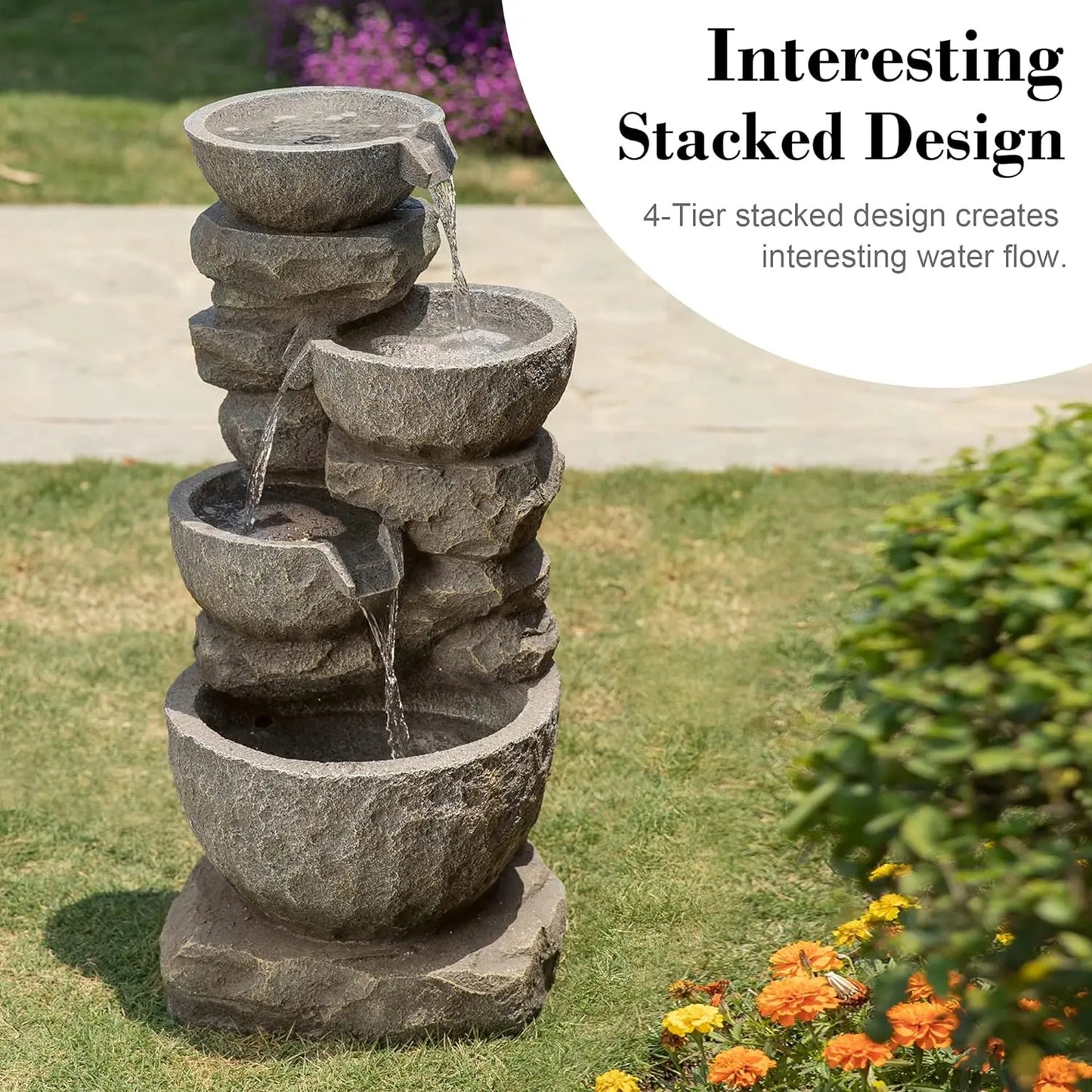 Decorative, Polyresin-Stone, 4-Tiered Bowls Fountain w/LED Lights, Outdoor