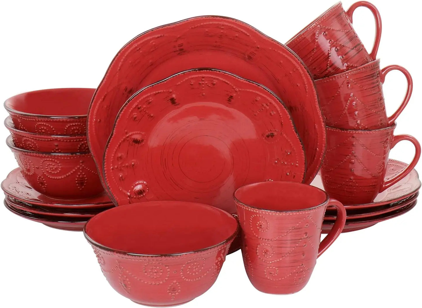 Rustic Birch 16 Piece Embossed Scalloped Stoneware Dinnerware Set