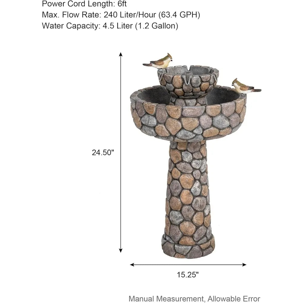 Outdoor, Water-Fountain/ Bird-Bath, w/Quiet Submersible Pump,2-Tier Stone-Like