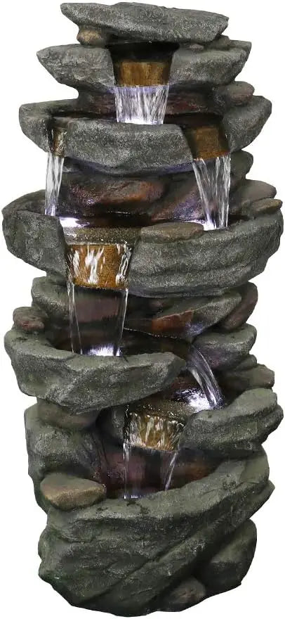 6-Tiers Outdoor, Rock, Cascading Waterfall Fountain with LED Lights, Soothing Tranquility