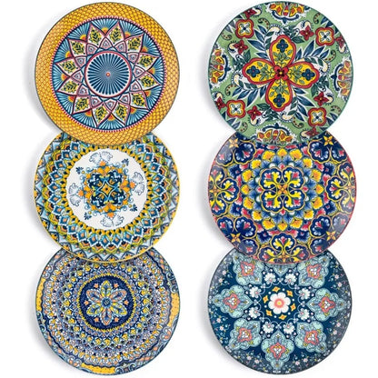 Ceramic-Porcelain, 6-Dinnerware-Sets, Multicolor-Large Plates, Bohemian-Design, Dishwasher-Safe