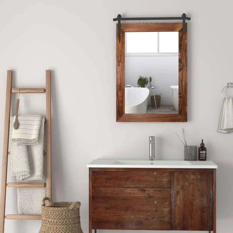 Farmhouse-Barn Door-Mirror, 30" x 21", Rustic, Wood-Framed-Mirror for Bathroom or Wall-Decor