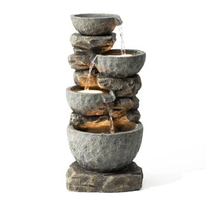 Decorative, Polyresin-Stone, 4-Tiered Bowls Fountain w/LED Lights, Outdoor