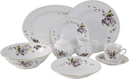 Creamy white porcelain, Vintage Floral, 45-Piece Ceramic Tableware Set With 24K Gold Trim & Fanciful Swirl Shape