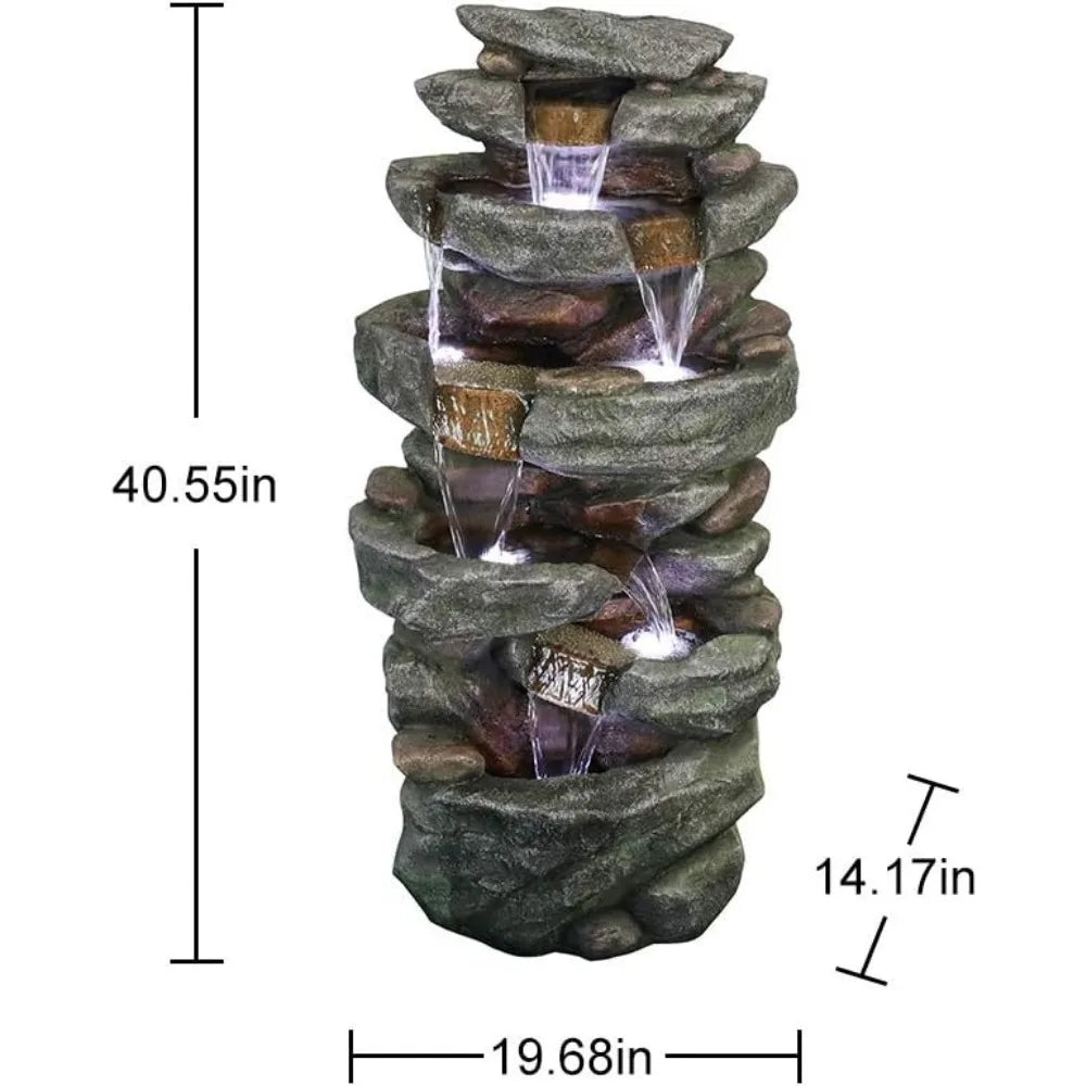 6-Tiers Outdoor, Rock, Cascading Waterfall Fountain with LED Lights, Soothing Tranquility