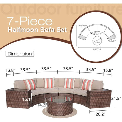 Outdoor-Furniture, Patio-Sets: 7-Piece Wicker-Half-Moon Sectional-Sofa w/Round Coffee-Table,