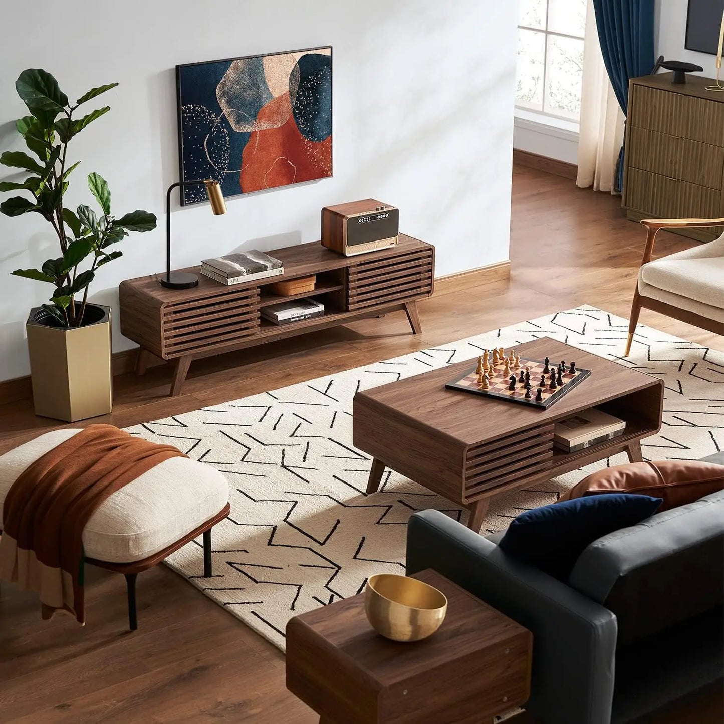 Farmhouse, Walnut-Wood, Coffee-Table, Mid-Century-Modern, Living Room