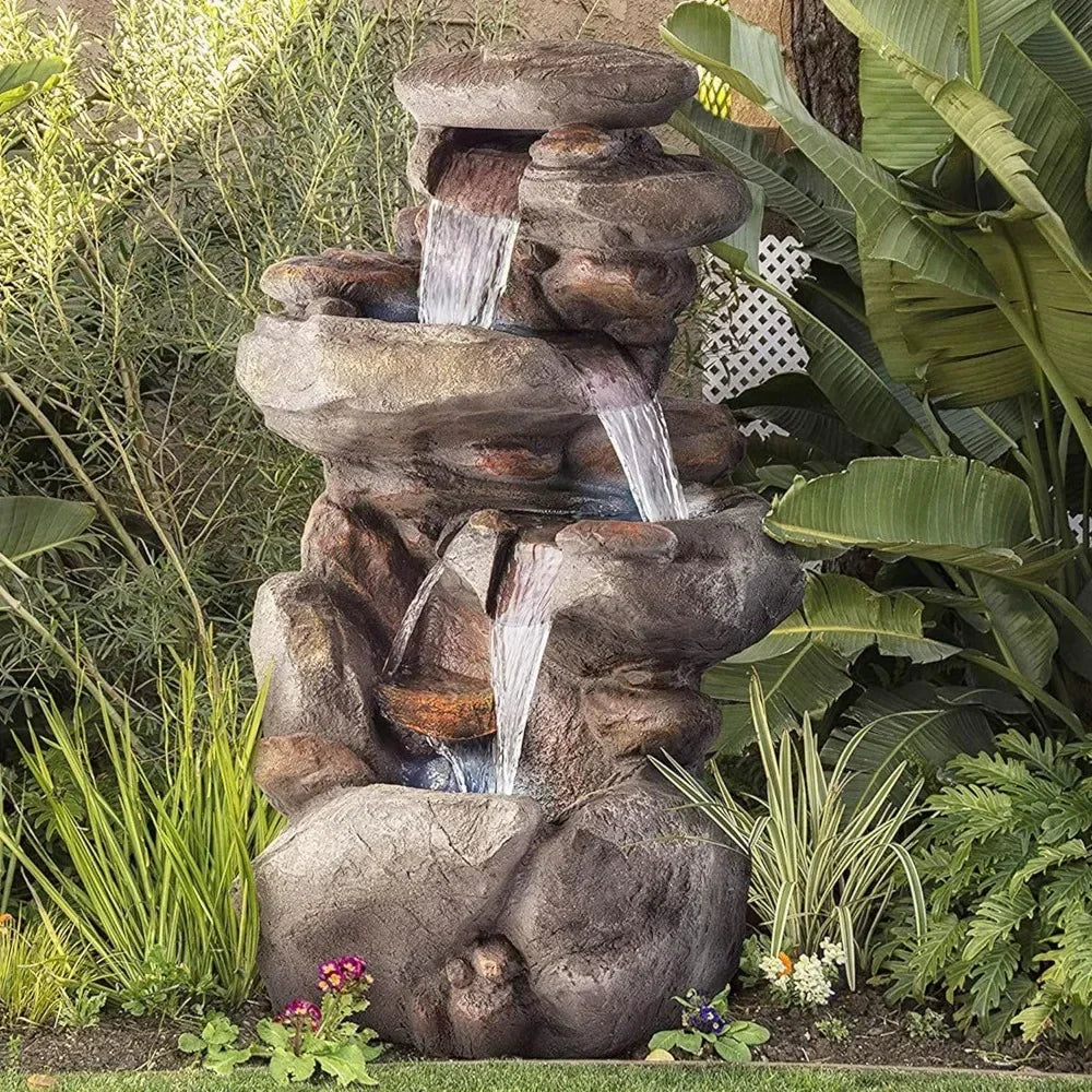 4-Layer, 40" Outdoor Rock Fountain, Natural Stone Appearance, Free Shipping