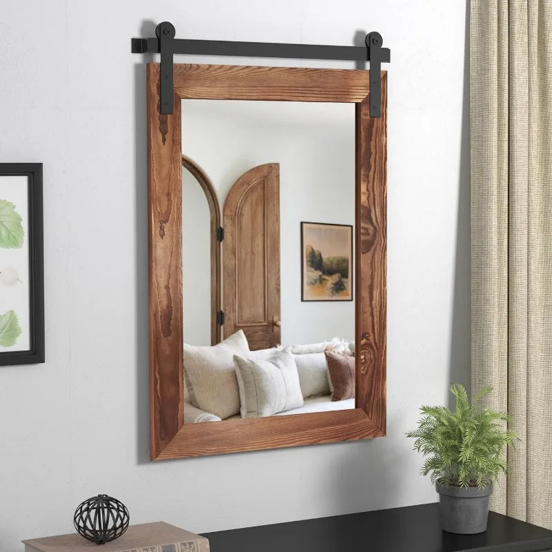 Farmhouse-Barn Door-Mirror, 30" x 21", Rustic, Wood-Framed-Mirror for Bathroom or Wall-Decor