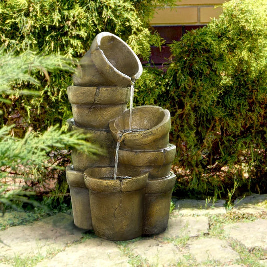 2024-New, 3-Tiered-Floor, Water-Glazed-Pots Fountain W/LED-Lights & Pump, Outdoor