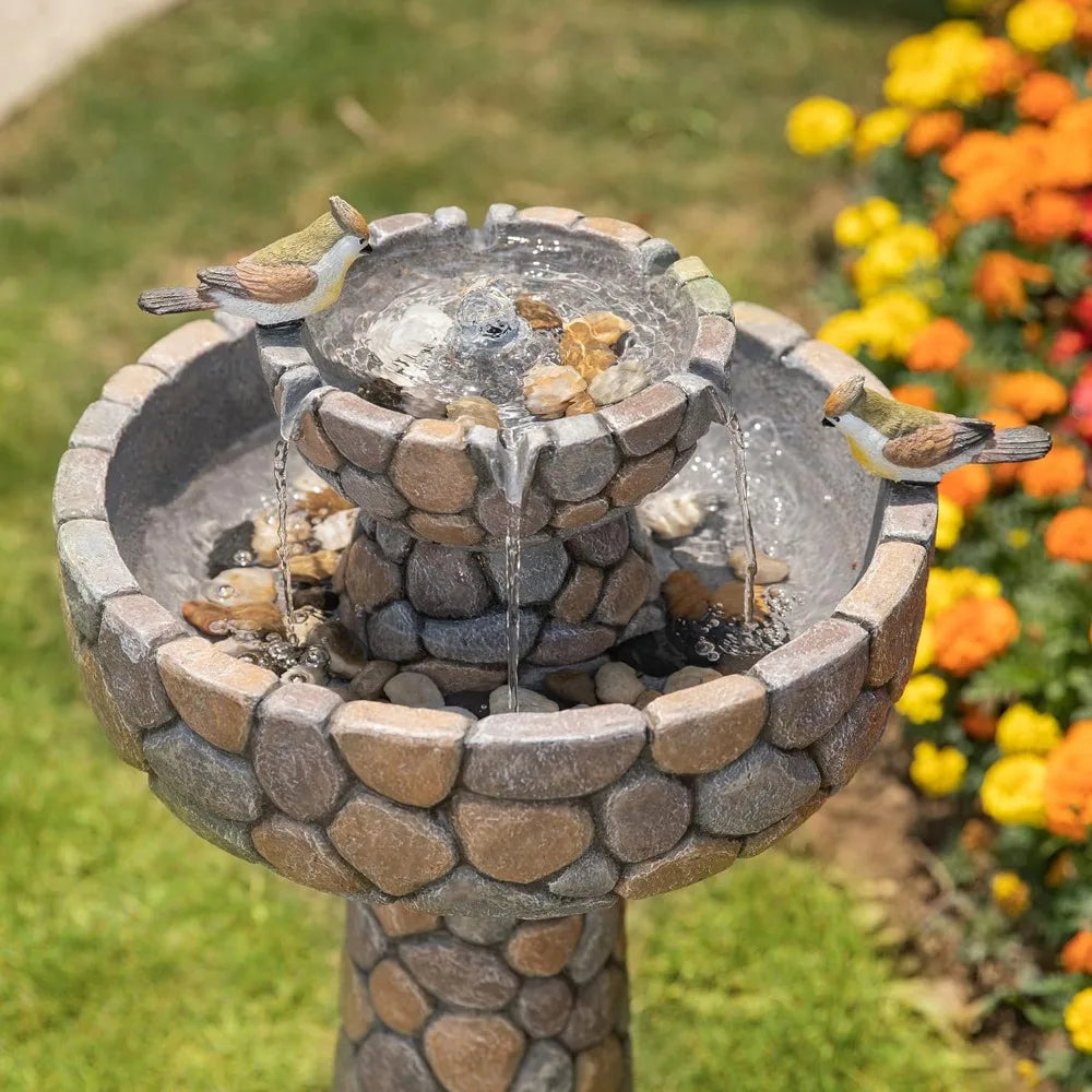 Outdoor, Water-Fountain/ Bird-Bath, w/Quiet Submersible Pump,2-Tier Stone-Like