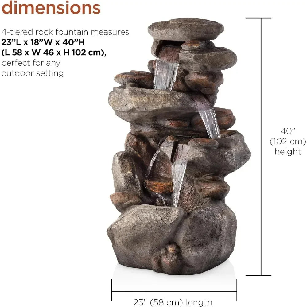 4-Layer, 40" Outdoor Rock Fountain, Natural Stone Appearance, Free Shipping