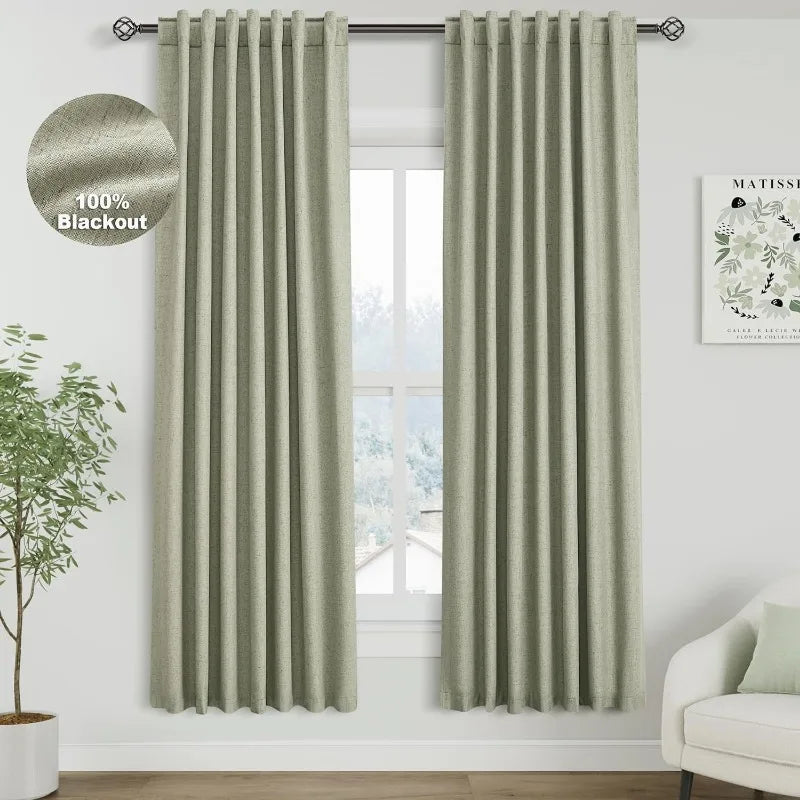 Thermal Insulated 100% Blackout Linen Drapes, Pleated Look