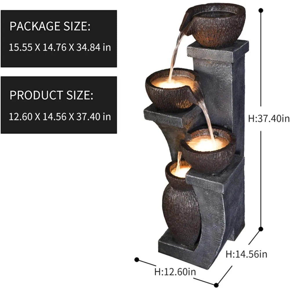 LED Outdoor Water Fountain, 37.4”H   Natural Polyresin