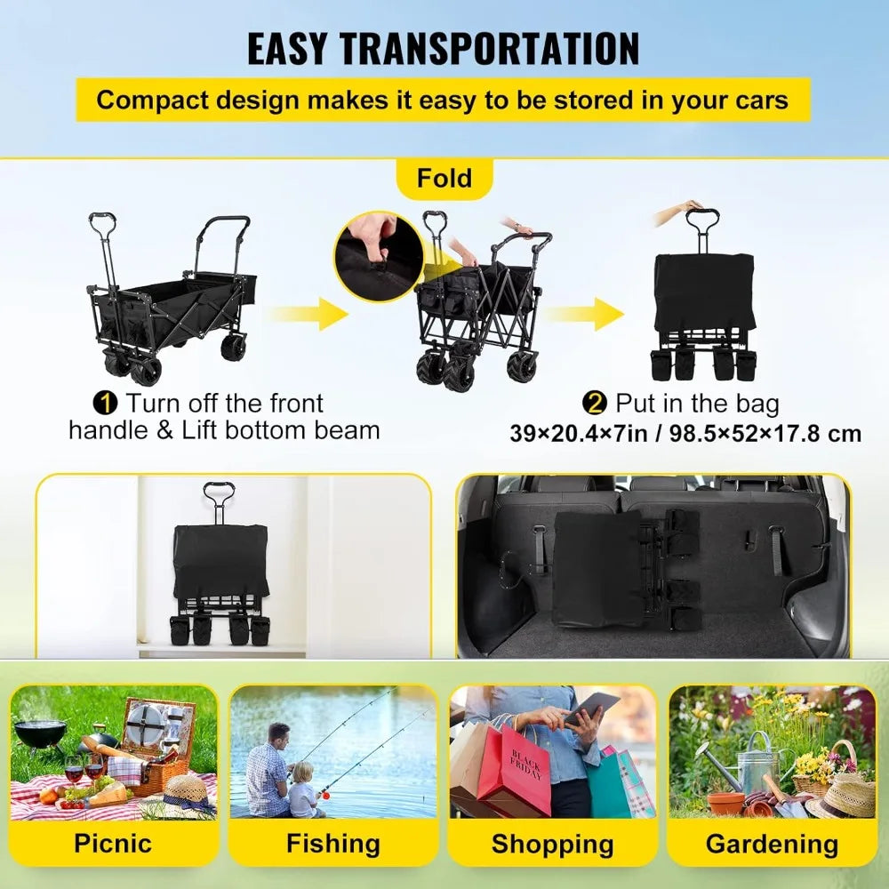 Extra-Large, Collapsible, Garden-Cart W/ Removable-Canopy, Folding, Wagon-Utility-Cart W/ Wheels & Rear-Storage,