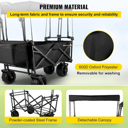 Extra-Large, Collapsible, Garden-Cart W/ Removable-Canopy, Folding, Wagon-Utility-Cart W/ Wheels & Rear-Storage,