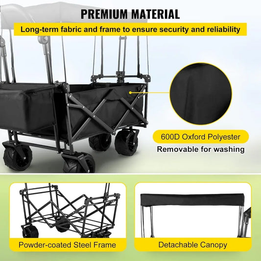 Extra-Large, Collapsible, Garden-Cart W/ Removable-Canopy, Folding, Wagon-Utility-Cart W/ Wheels & Rear-Storage,