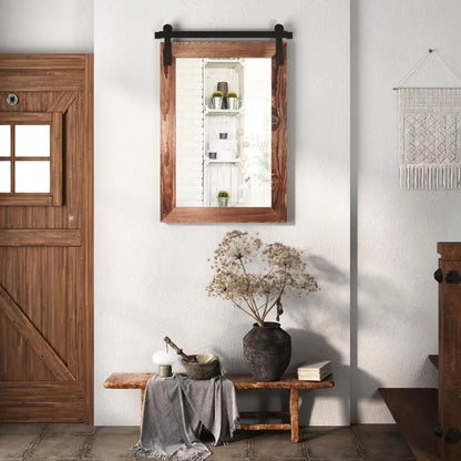 Farmhouse-Barn Door-Mirror, 30" x 21", Rustic, Wood-Framed-Mirror for Bathroom or Wall-Decor