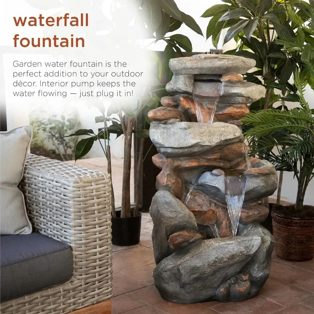 4-Layer, 40" Outdoor Rock Fountain, Natural Stone Appearance, Free Shipping