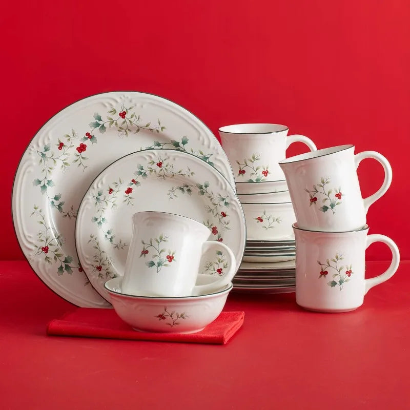 Winterberry Holiday 16 Piece Dinnerware Set, Service for 4, White