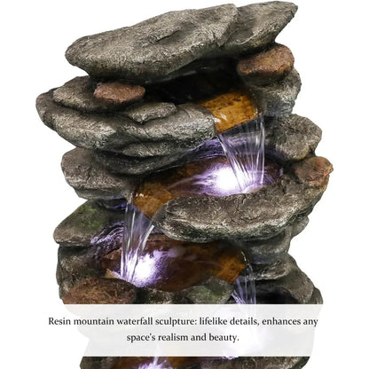 6-Tiers Outdoor, Rock, Cascading Waterfall Fountain with LED Lights, Soothing Tranquility