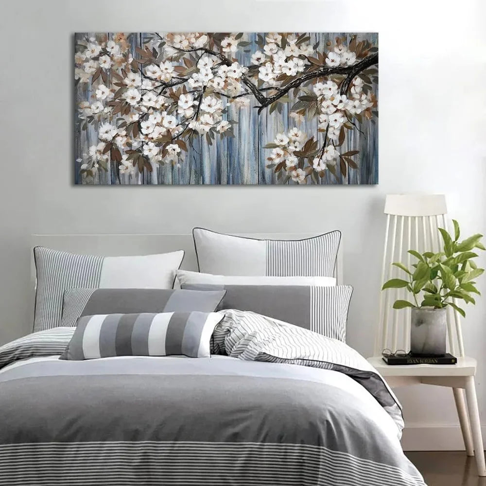 Large, Canvas Wall-Art, Abstract, White Flower-Tree, Gray-Driftwood Frame