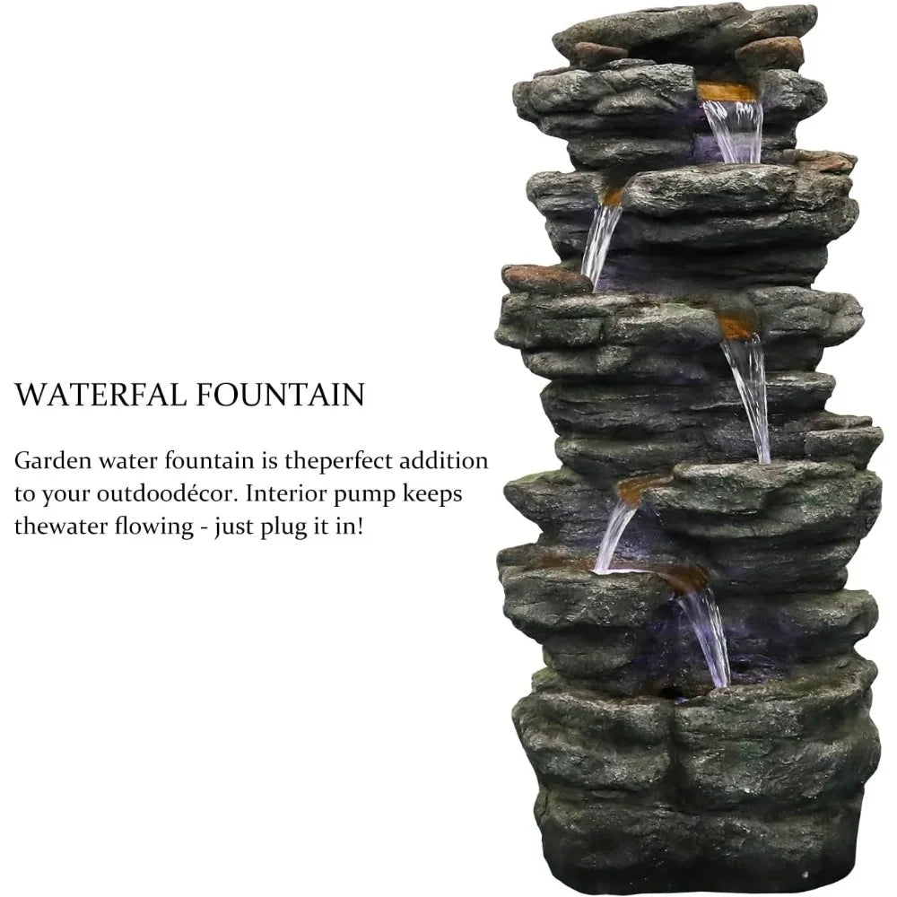 6-Tiers Outdoor, Rock, Cascading Waterfall Fountain with LED Lights, Soothing Tranquility