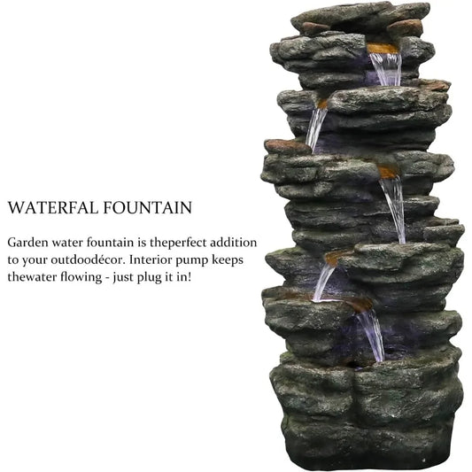 6-Tiers Outdoor, Rock, Cascading Waterfall Fountain with LED Lights, Soothing Tranquility