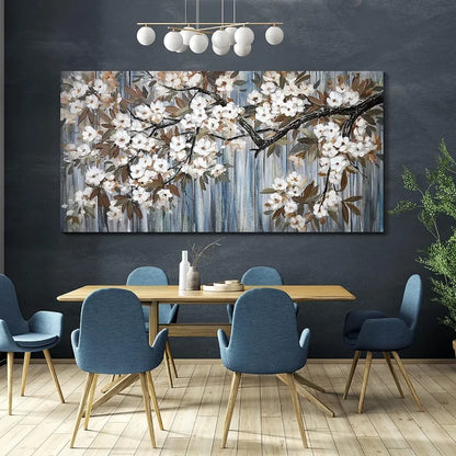 Large, Canvas Wall-Art, Abstract, White Flower-Tree, Gray-Driftwood Frame