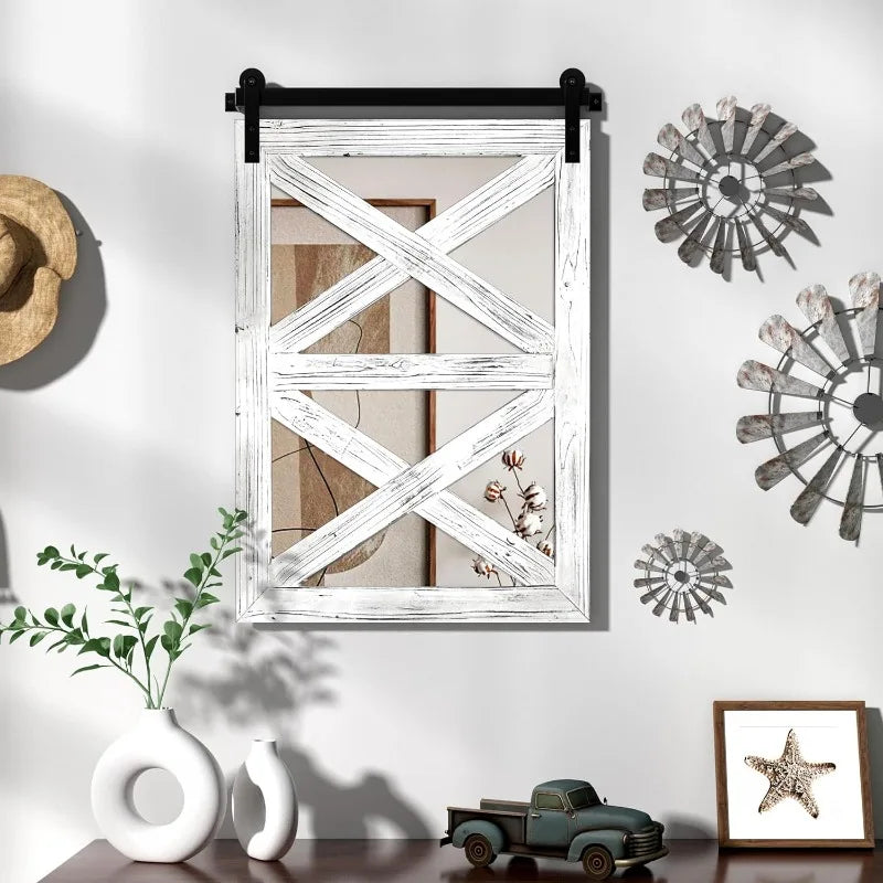 Farmhouse-Barn Door-Mirror, 30" x 21", Rustic, Wood-Framed-Mirror for Bathroom or Wall-Decor