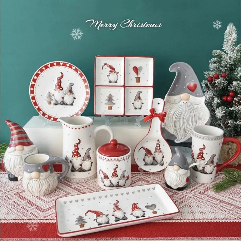 Nordic Santa Claus Dish Embossed Rice Salad Bowl Ceramic Flat Plate Cup Teapot Christmas Tableware Gift