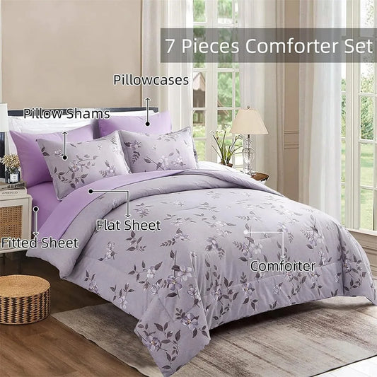 Purple, 7-Pieces Bed in A Bag, Soft Microfiber Comforter Sets, Queen