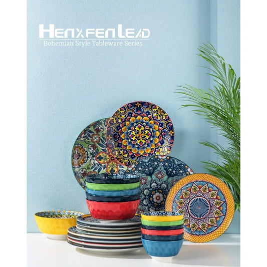 Ceramic-Porcelain, 6-Dinnerware-Sets, Multicolor-Large Plates, Bohemian-Design, Dishwasher-Safe