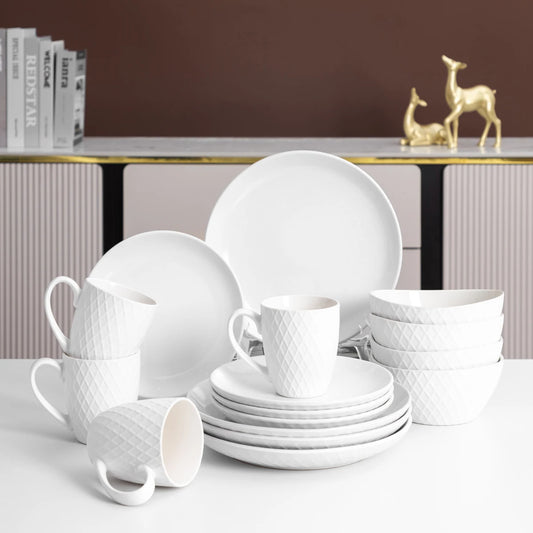 16 Piece, Porcelain Dinnerware Set, White Ceramic Tableware