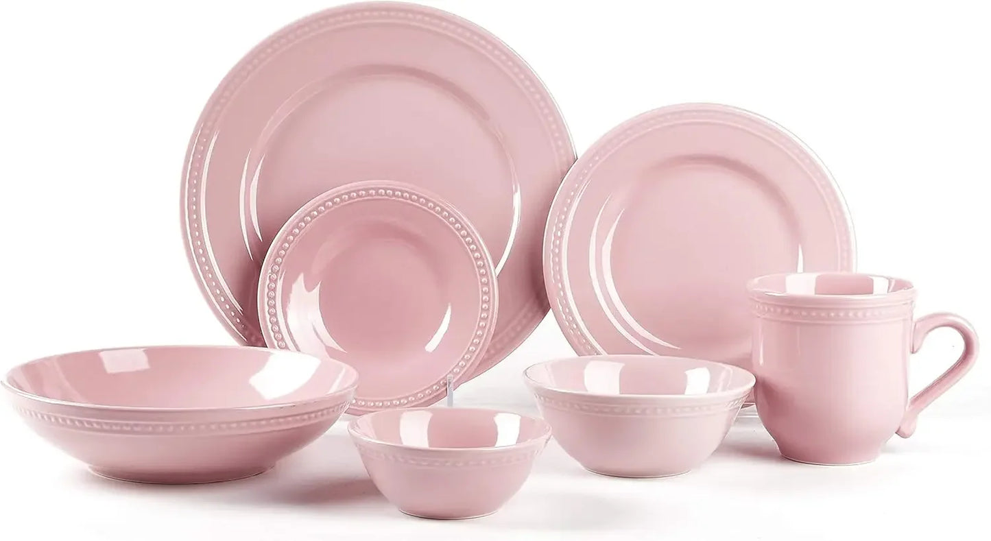 42pc Pink, Pearl Dot Ceramic/Stoneware Dinnerware, Dishwasher/ Microwave Safe