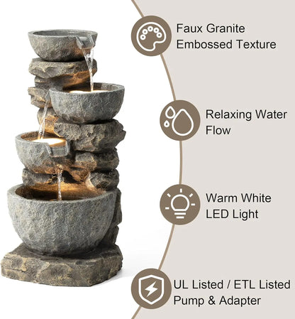 Decorative, Polyresin-Stone, 4-Tiered Bowls Fountain w/LED Lights, Outdoor