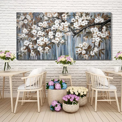 Large, Canvas Wall-Art, Abstract, White Flower-Tree, Gray-Driftwood Frame