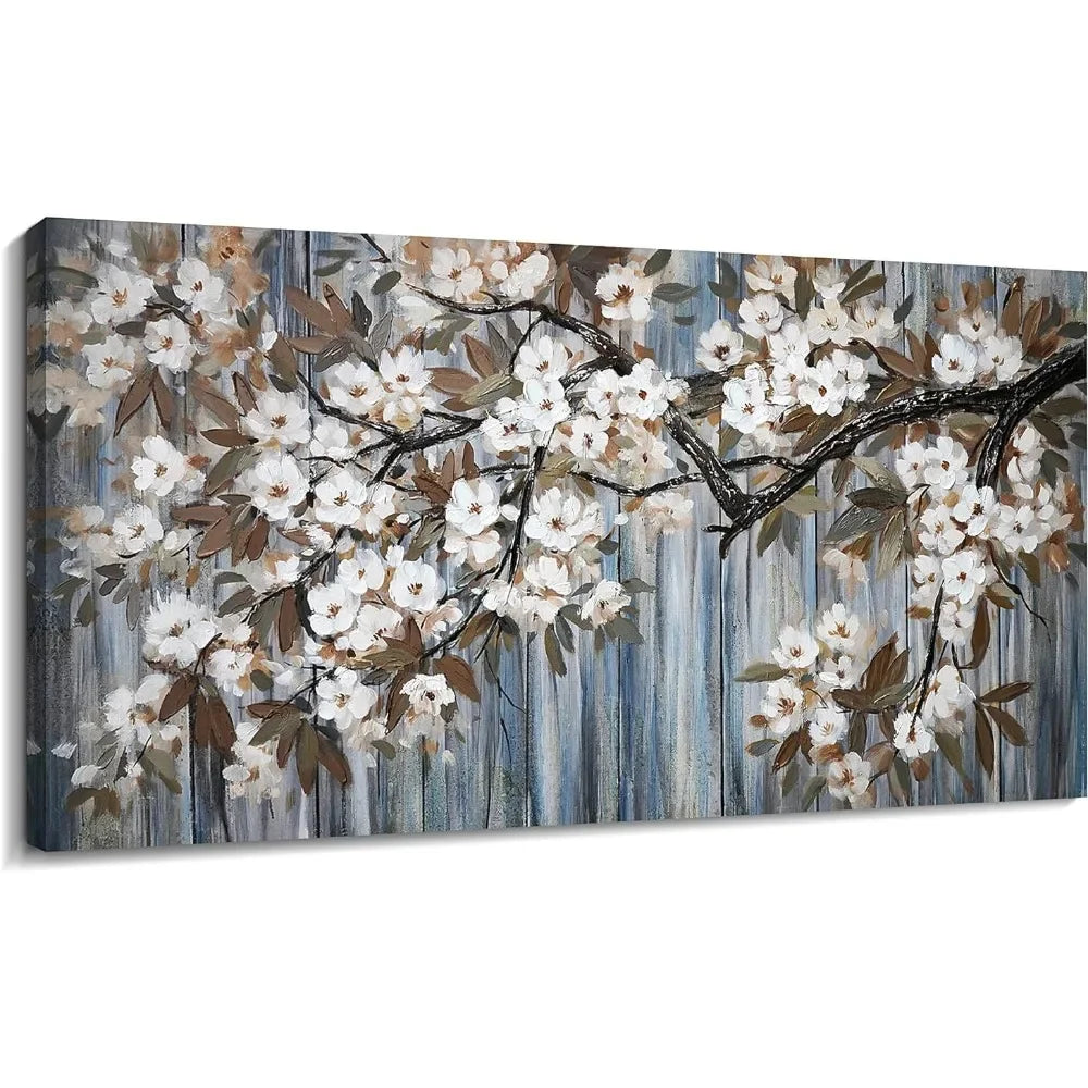 Large, Canvas Wall-Art, Abstract, White Flower-Tree, Gray-Driftwood Frame