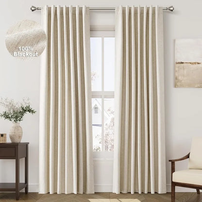 Thermal Insulated 100% Blackout Linen Drapes, Pleated Look